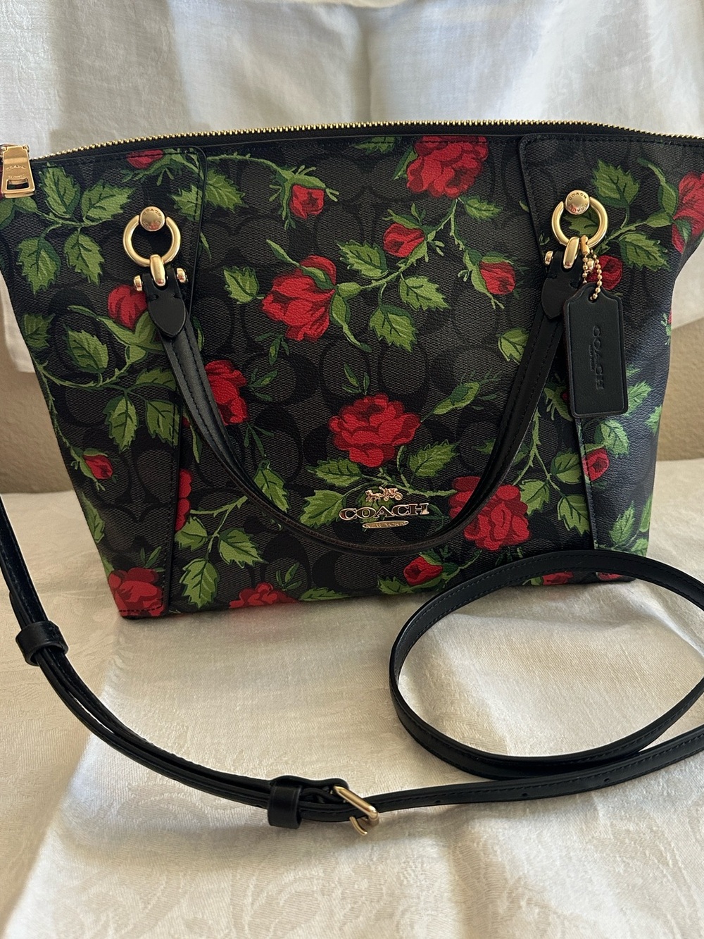 Coach Black Floral Signature Shoulder, Satchel and Cross Body with Red Roses.